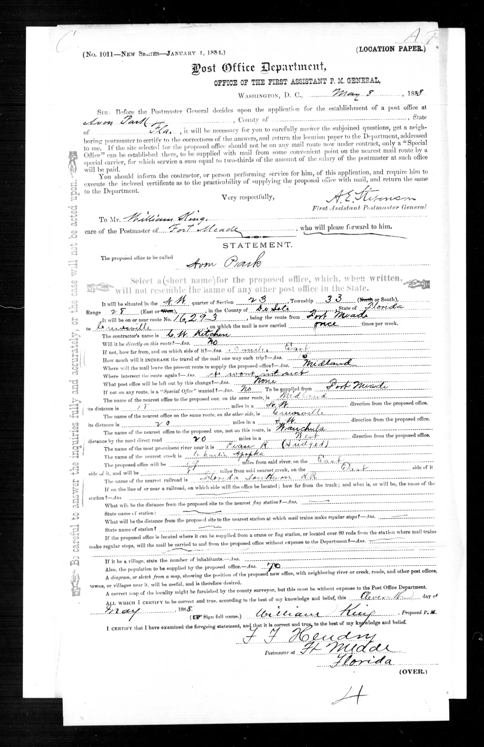 Location paper for the proposed Avon Park post office, May 1888