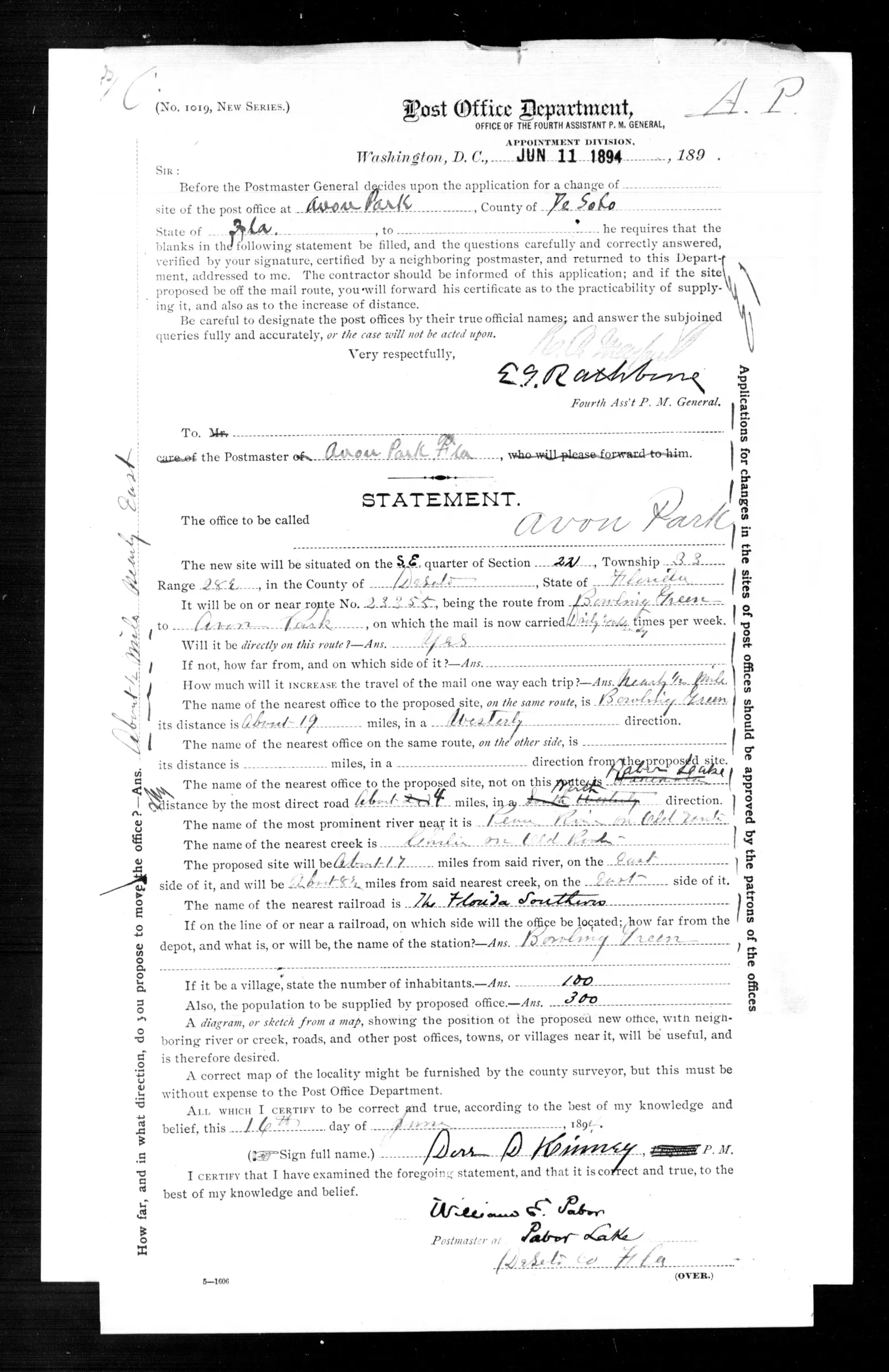 Application to change the site of the Avon Park post office, June 1894