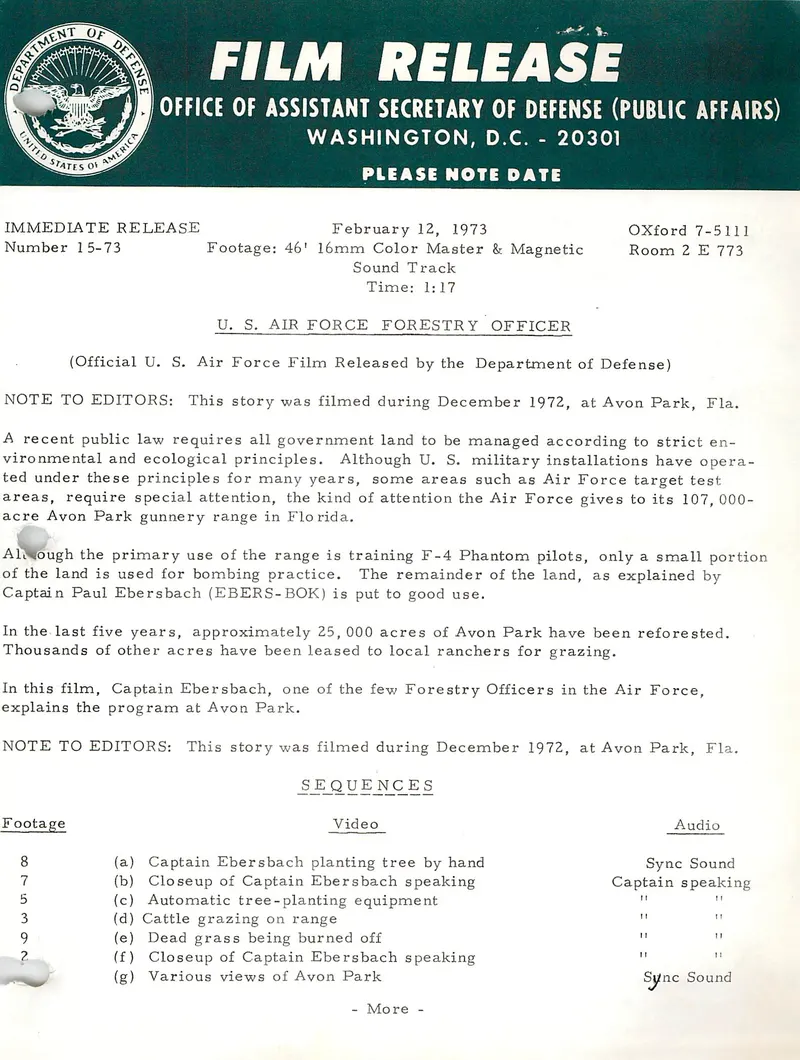 Department of Defense film release on the Avon Park range forestry program, 12 February 1973