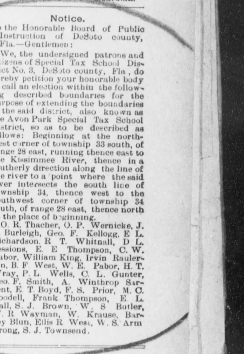 Petition to extend the Avon Park Special Tax School District, February 1906