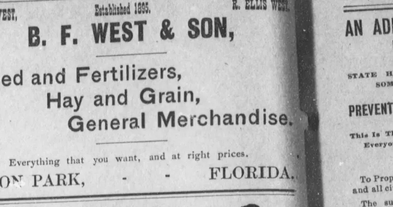 B. F. West & Son's advertisement in The De Soto County News, 18 August 1905