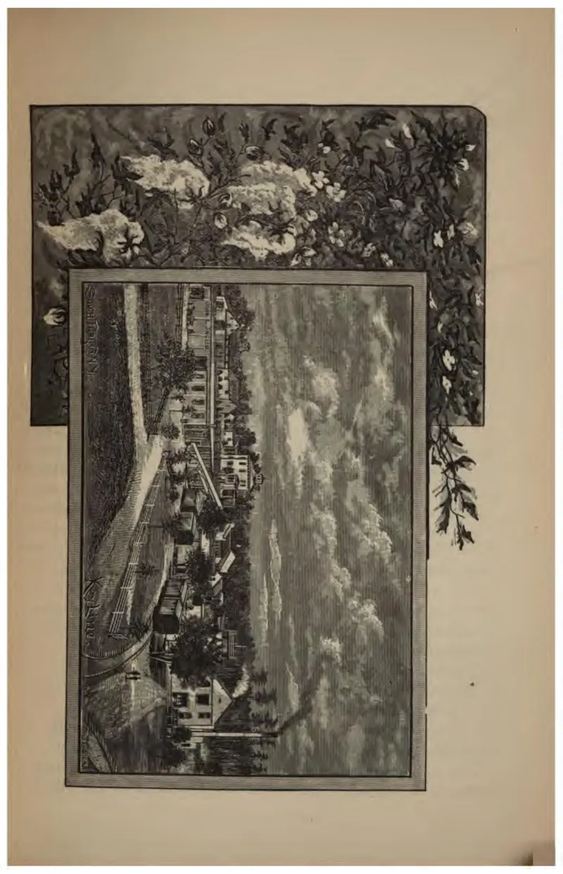 Two vignettes: a lake through hanging moss and a harbour (Crosby, 1887)