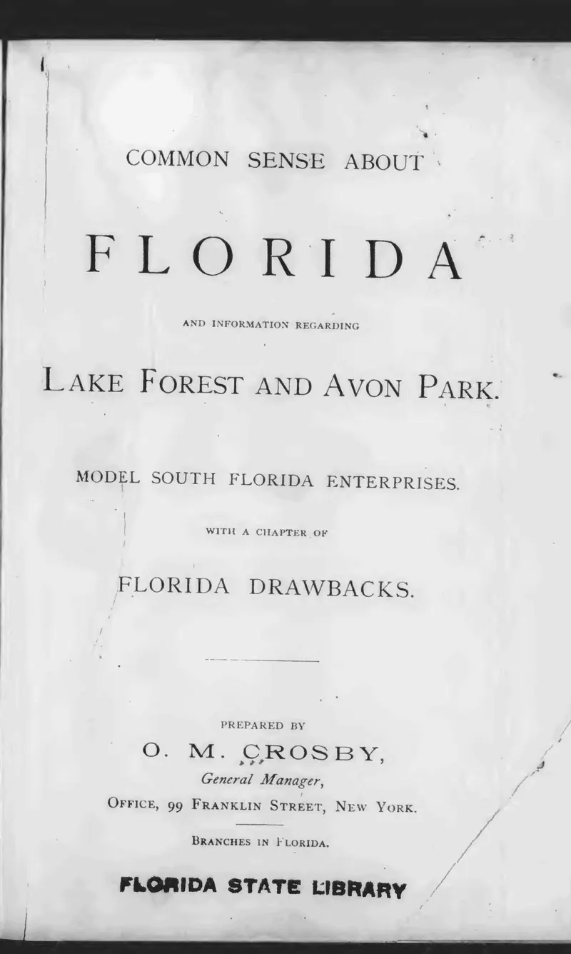 Common Sense about Florida, title page, 1888