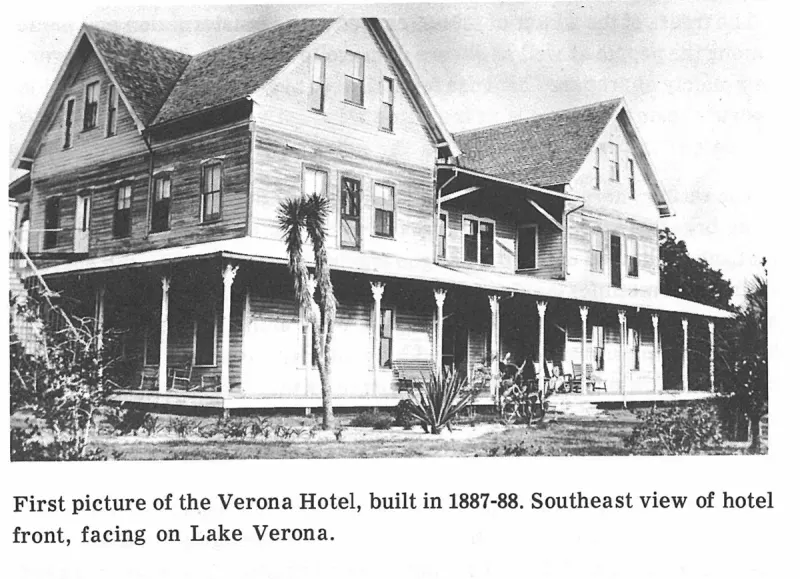First picture of the Verona Hotel, built in 1887-88. Southeast view of hotel front, facing on Lake Verona