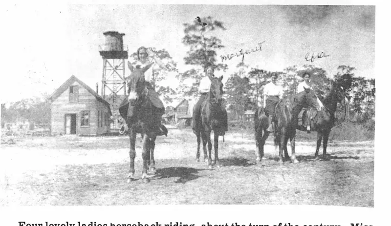 Four lovely ladies horseback riding, about the turn of the century