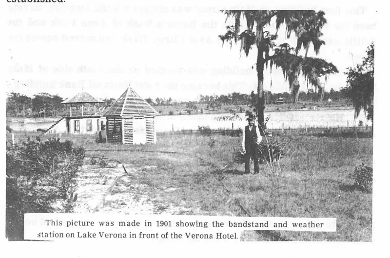 This picture was made in 1901 showing the bandstand and weather station on Lake Verona in front of the Verona