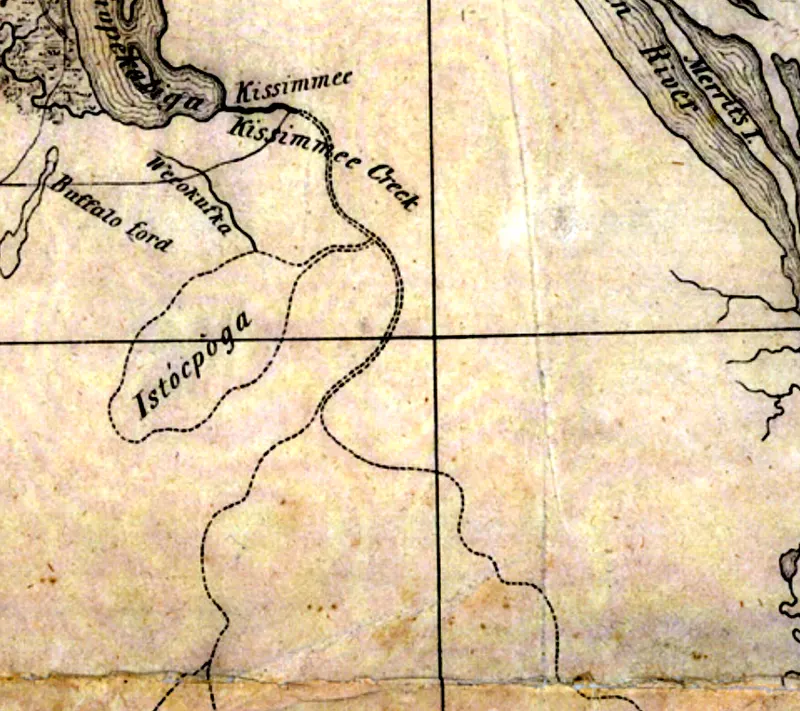 Detail of Lake Istokpoga and Kissimmee Creek from the 1837 Map of Florida lithographed by Philip Haas