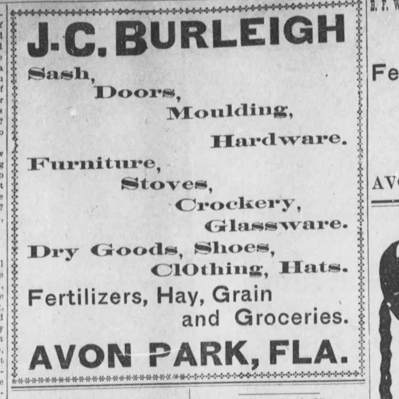 J. C. Burleigh's advertisement in The De Soto County News, 18 August 1905