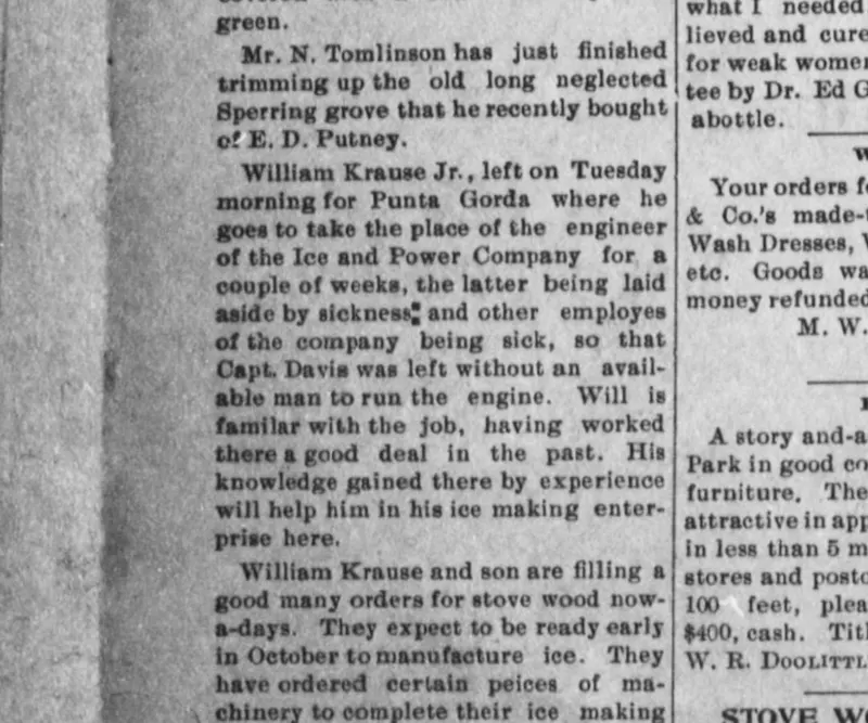 William Krause and son's ice plant, Avon Park Locals, September 1905