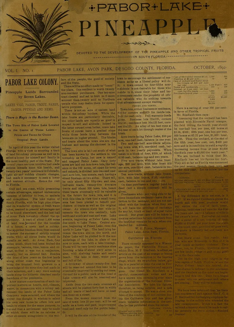 Front Page of The Pabor Lake Pineapple, Vol. 1 No. 1