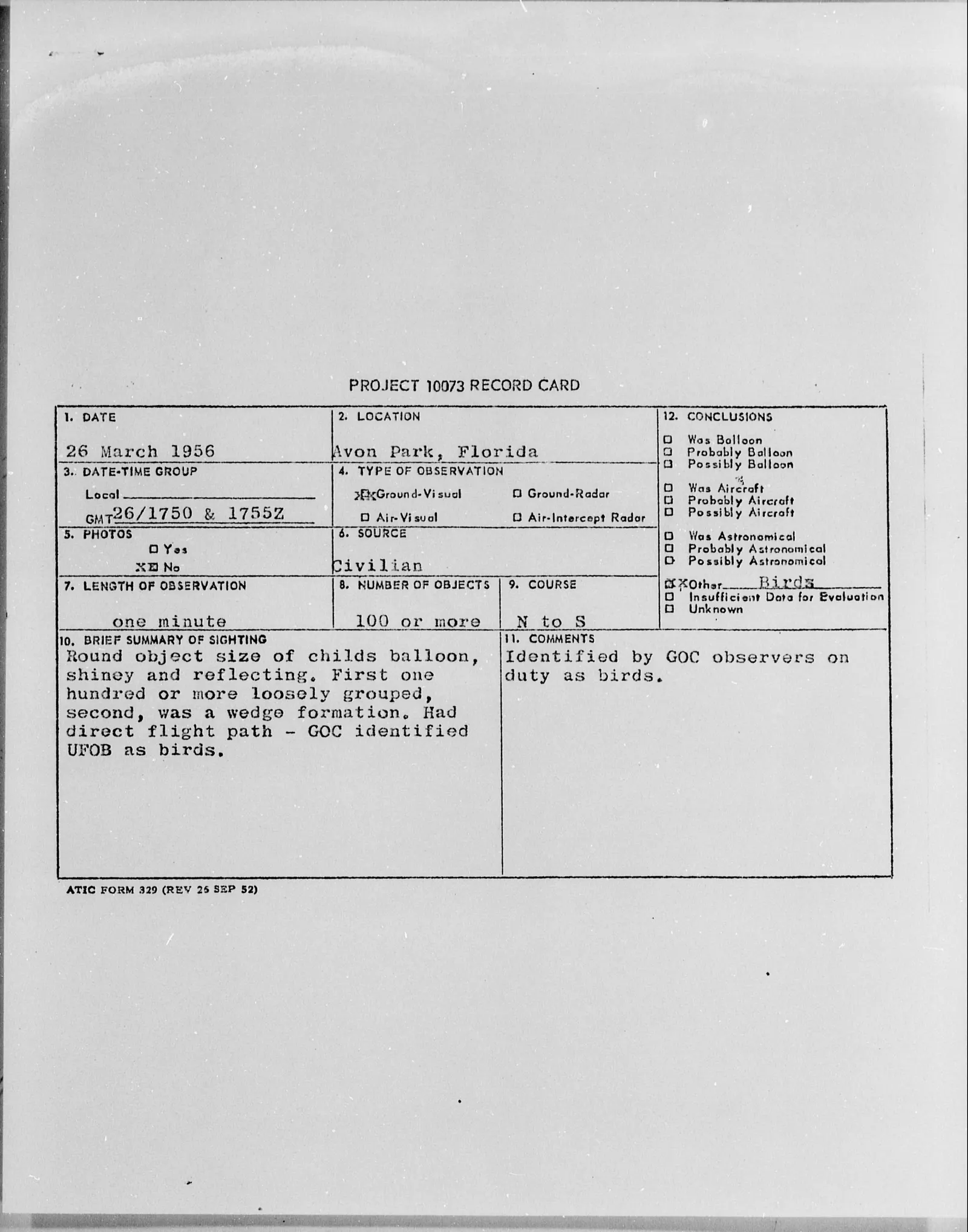 Project Blue Book record card, Avon Park, 26 March 1956