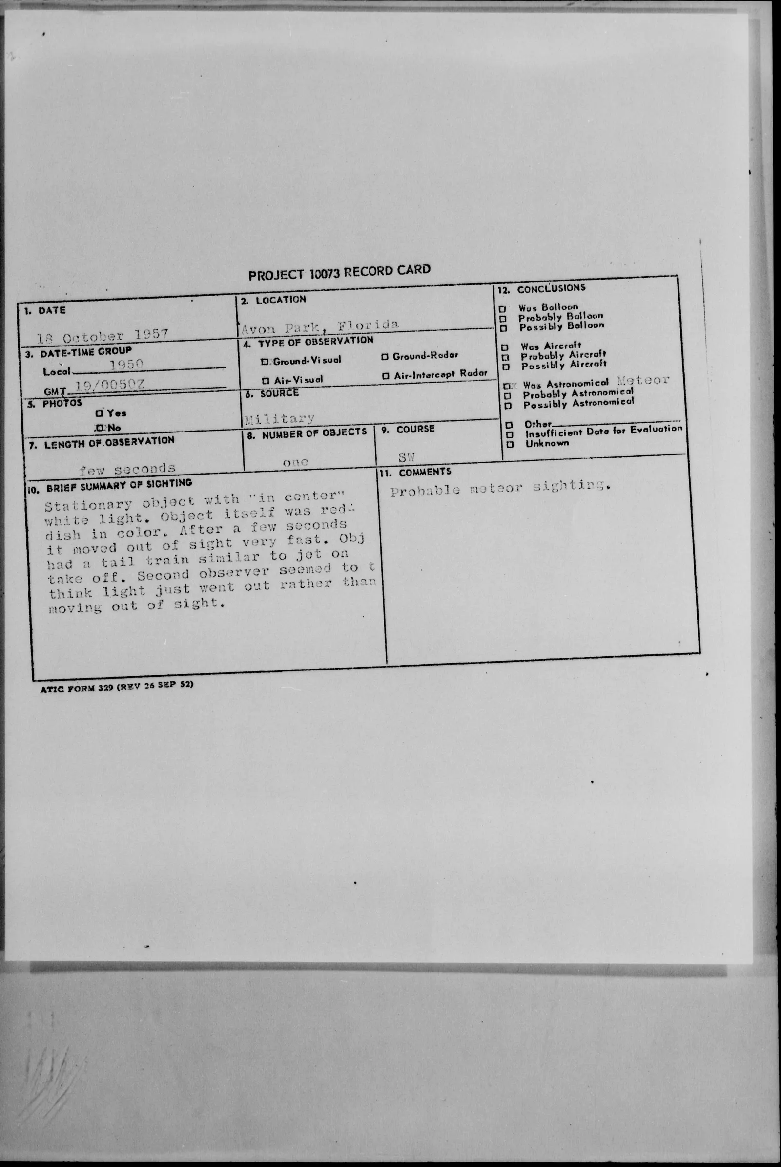 Project Blue Book record card, Avon Park, 18 October 1957
