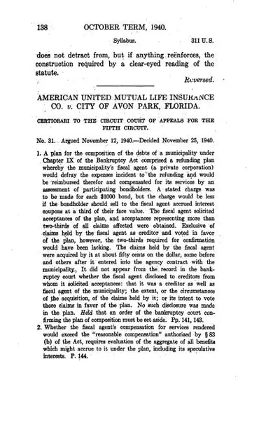 U.S. Reports: American Ins Co. v. Avon Park, 311 U.S. 138 (1940)